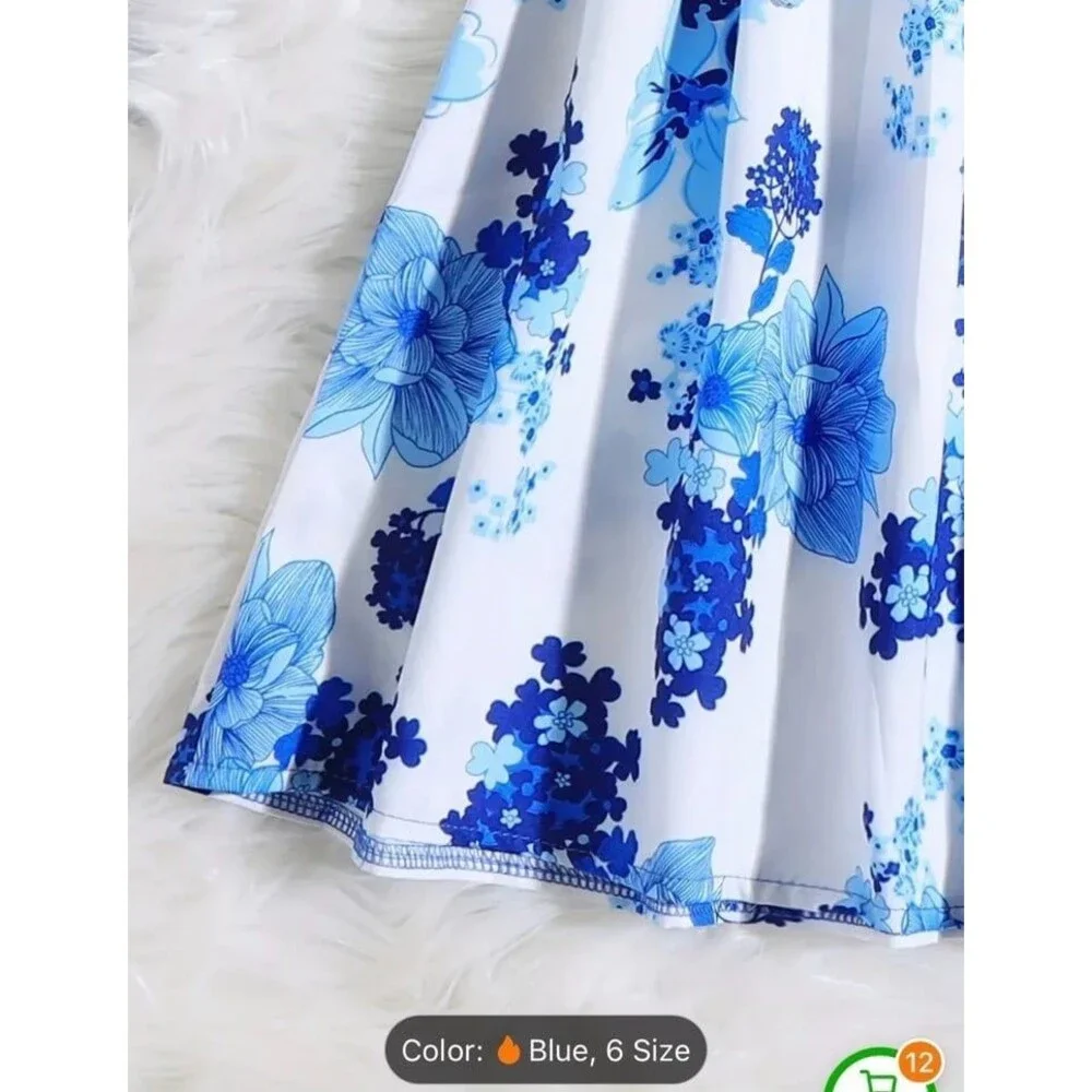 Dress Lovely Blue White Floral Print Crew neck Short Sleeves Bow new